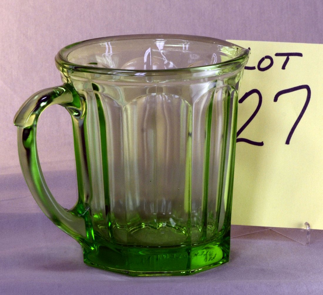 A&J Green Transparent Glass Milk Pitcher: A&J green transparent/vaseline glass Milk pitcher - this also came with a reamer/mixer that would fit on top. 5.5" tall x 5" diameter