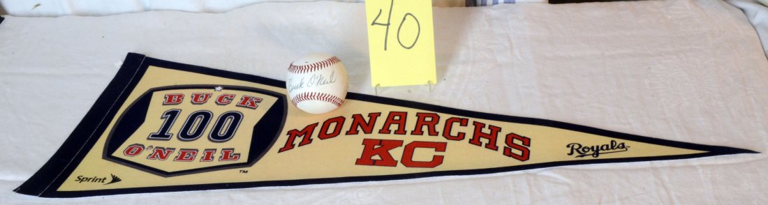 Buck O'Neil Signed Baseball Monarch Pennant: Diamond Professional League baseball signed by Buck O'Neil - black pen and Sprint/Royals Monarchs KC Buck O'Neil 100 Pennant.