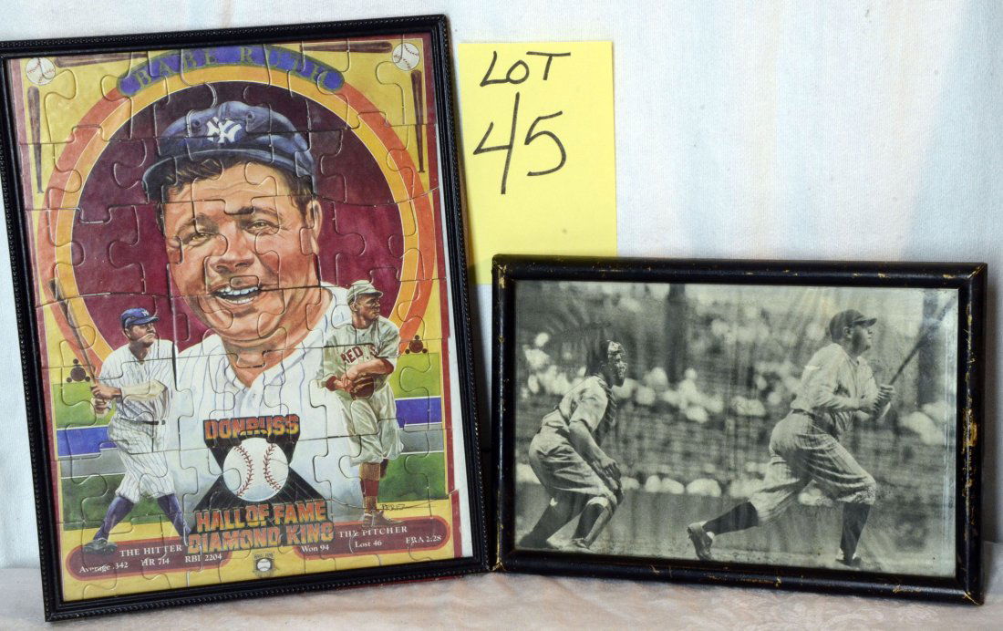 Babe Ruth Puzzle & Newspaper: Babe Ruth 8x10 framed puzzle and framed newspaper or magazine photo of Babe Ruth 6.5"x 9"