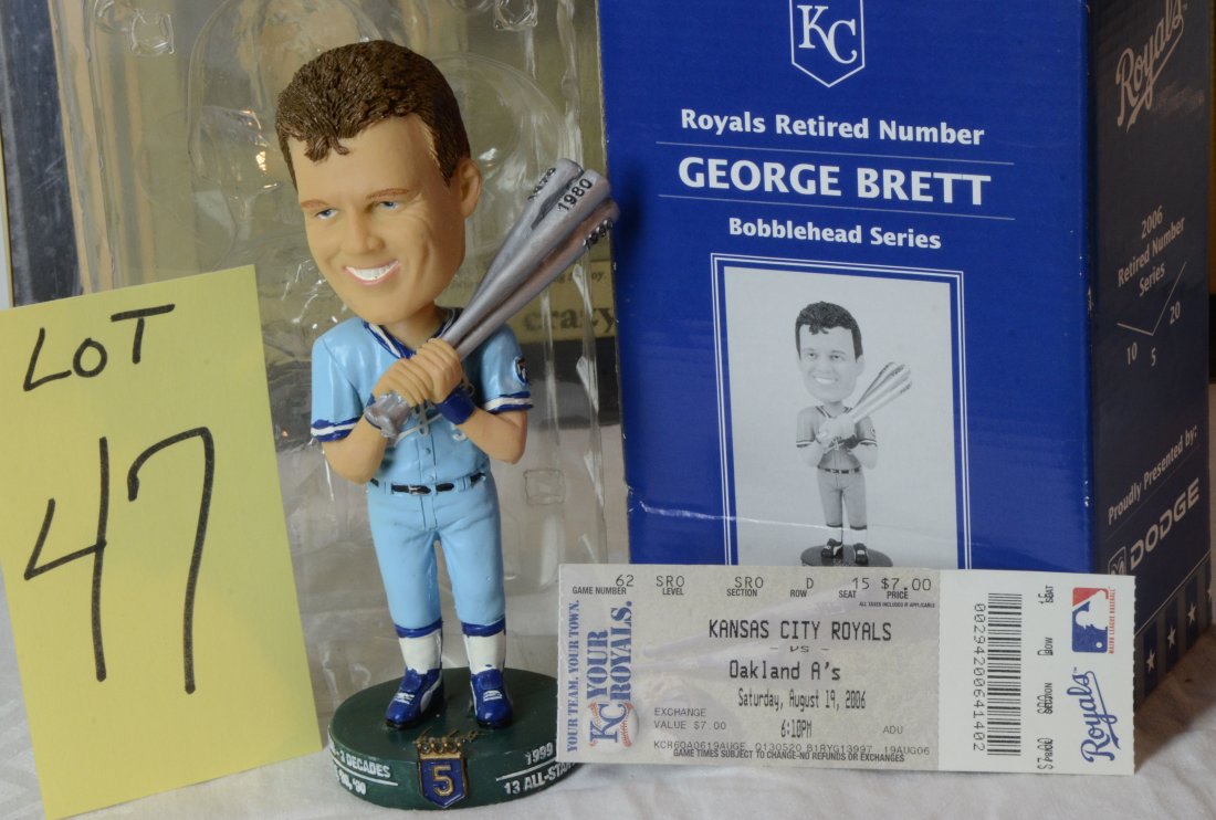 George Brett Bobblehead Royals BD&A w/Box: George Brett Bobblehead Royals Dodge Auto advertisement Retired Number Series - by BD&A Company in original box with an unused 2006 Royals Ticket Saturday August 19, 2006 vs Oakland A's. With Original
