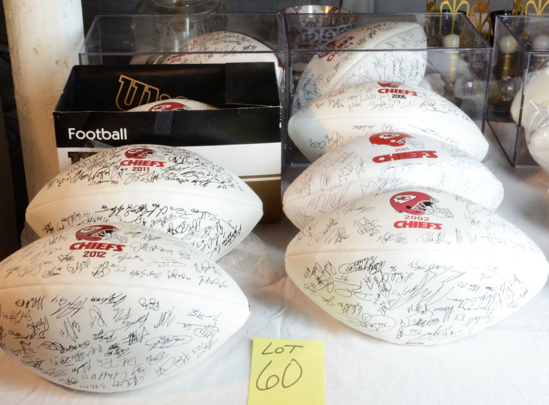 Wilson KC Chiefs Team Balls Lot: Year include: 2001, 2002, 2003, 2004, 2010, 2011, 2012 included in this lot. 2 are in plastic football displays.