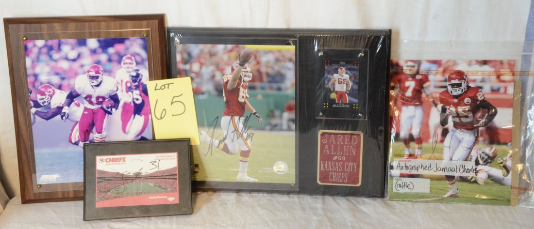 KC Chiefs Lot Signed Photos: A: Autographed Jamaal Charles 8x10 color photo.B: Priest Holmes #31 signed on Bank of America color card and matted and framed. C:Tony Richardson Photo File with hologram on plaque. D: Jared Allen #69