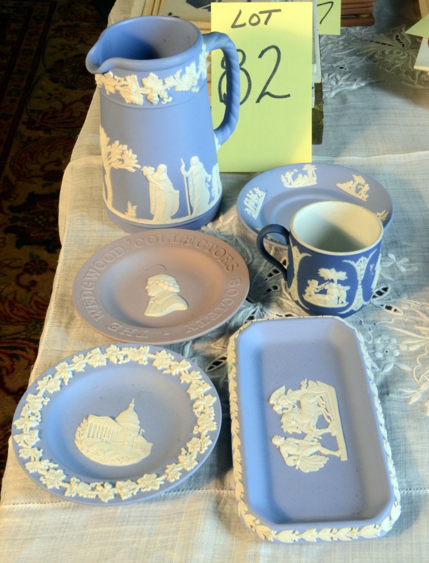 Wedgwood Jasperware Lot: A: Blue Jasperware Wedgwood Pitcher white sprigging, 5 1/8" tall.B: Lavender jasperware Wedgwood Collectors Society dish 4 15/16" with white spriggin in center. C: Blue jasperware dish with US capitol