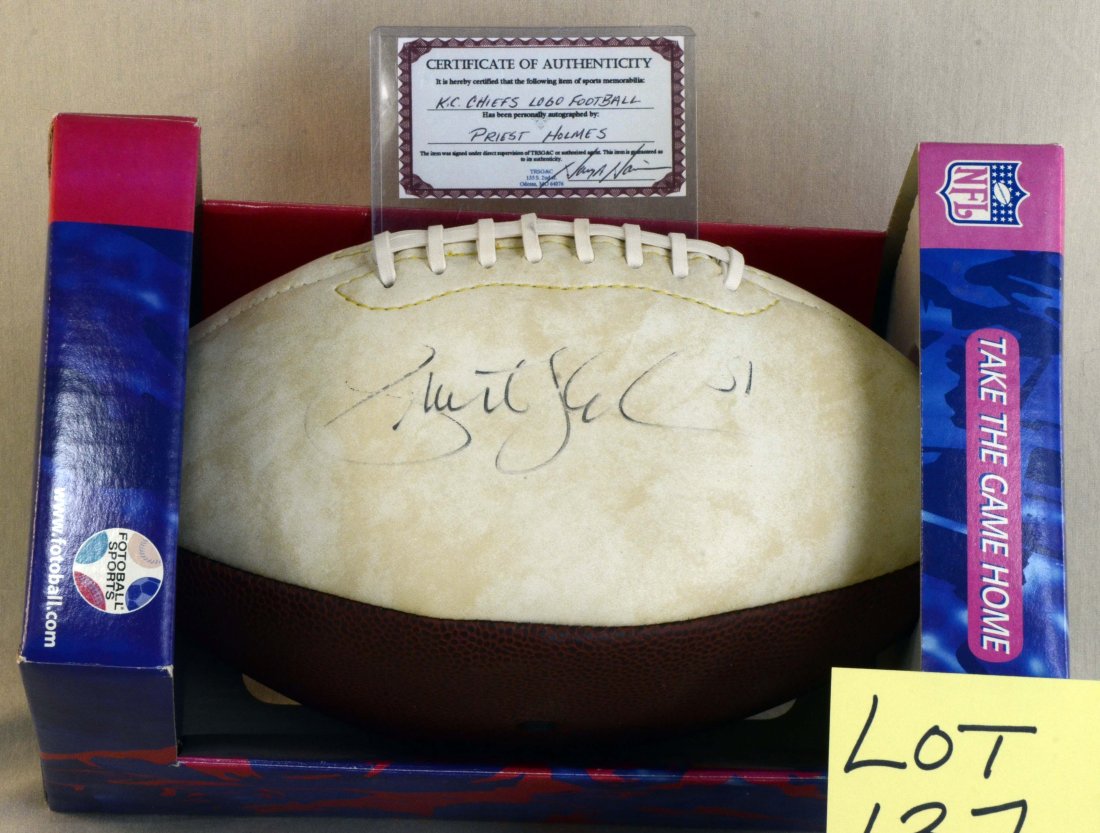 Signed Priest Holmes Kansas City Chiefs Football COA: TRSG&C Kansas City Chiefs logo football autographed personally by Priest Holmes with box and certificate of authenticity.
