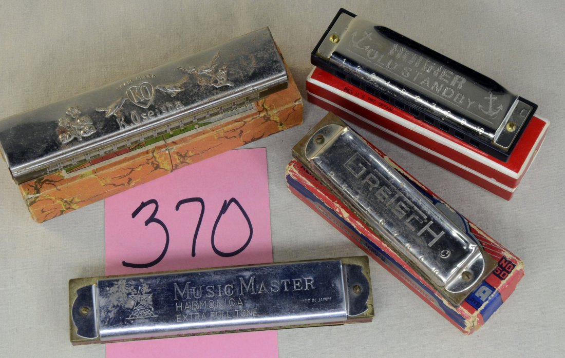 4 Pc Lot Harmonicas: 4 vintage harmonicas - Music master harmonica - extra full tone - no box, the Oseishaphone by K.Oseisha made in Japan with box, M Hohners Old Standby with box, Gretsch Musicraft 10 holes, 20 reeds wit