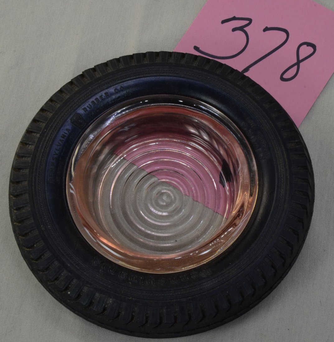 Pennsylvania Rubber Company Tire Ashtray: Vintage Pennsylvania Rubber Company tire ashtray - pink depression glass ash tray in center - 5.5" diameter