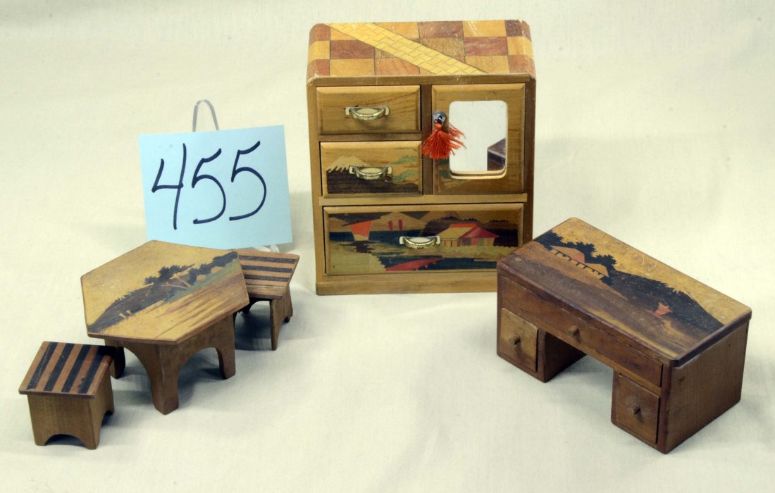 Vtg WWII Wood Doll Furniture: Vintage WWII wood doll furniture - marked japan on Armoire - 5 1/8" x 4.5" x 2.25". Has 2 small drawers, 1 large drawer and 1 mirrored door, and a desk with 3 drawers and an haxagonal table and 2 benc