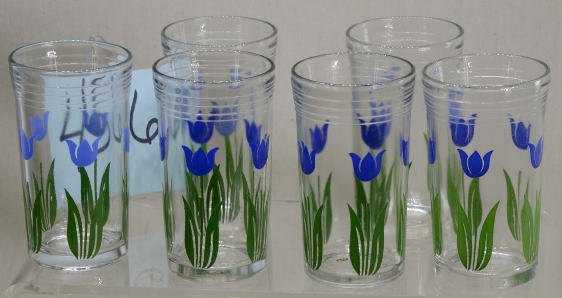 6 Blue Tulip Swanky Swigs Kraft 1954: Set of 6 Vintage Swanky Swigs Tulip Glasses Kraft Foods 1954 3 are light blue flowers and 3 are dark blue flowers