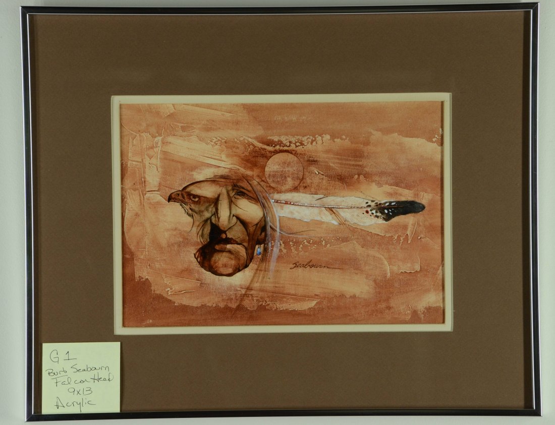 Bert Seabourn Falcon Head Original: Bert Seabourn is an American expressionist painter, known for his paintings of Native American images and people. Seabourn is of Cherokee descent.This piece is an original and measures: 9"x13".Title: