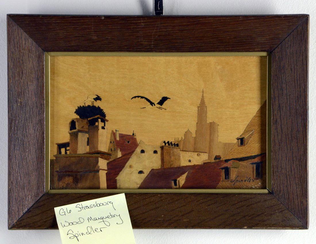 Wood Marquetry by Spindler of Strassbourg Framed: framed, measures 9"x12.5".From the late master marquetry artist Charles Spindler is a wooden panel titled "Strassbourg", framed, measures 9"x12.5".