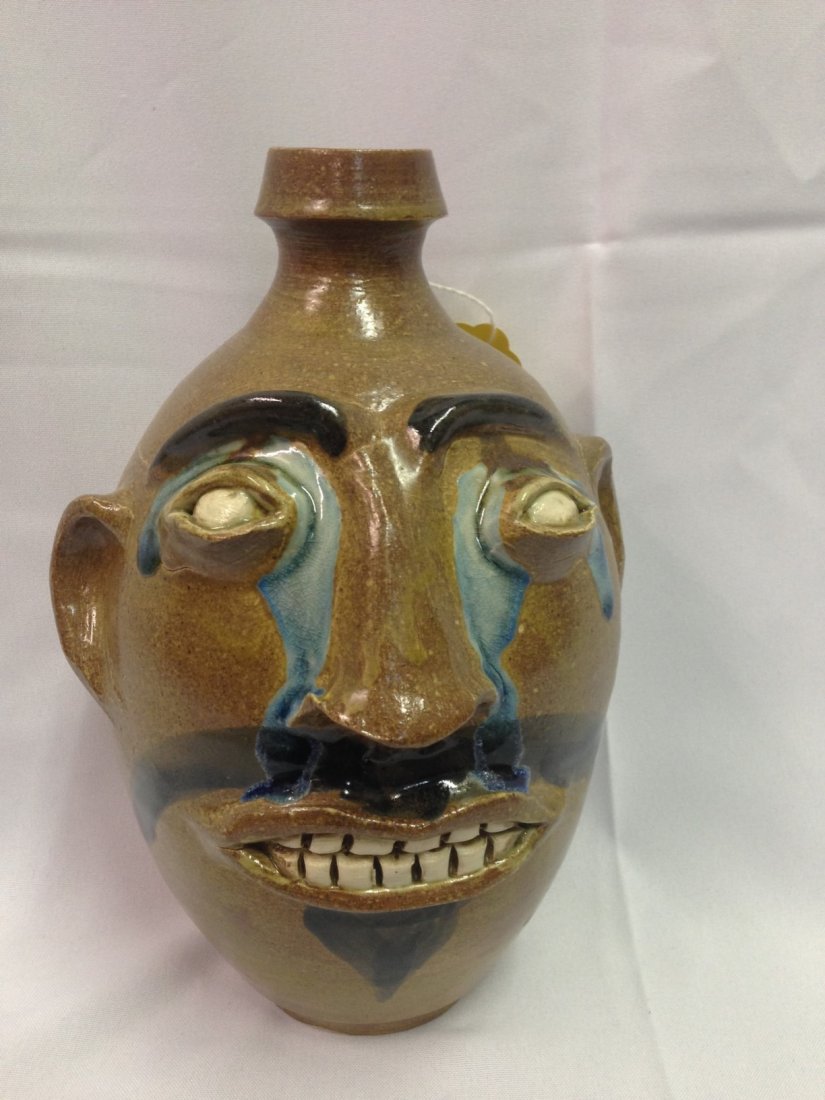 NC Face Jug Signed Randy- Brown: NC Face Jug Signed Randy Tobias- Brown. 10 1/4"