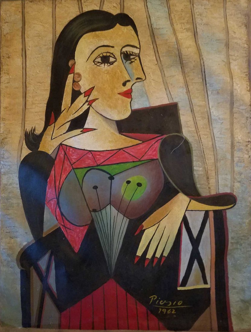 PABLO PICASSO Spanish 1881-1973 Oil Portrait: Oil on canvas. Featuring a cubist portrait. Signed and attr. Pablo Picasso (Spanish, 1881-1973) on upper left corner. 24x32 inch,Stamped with reference number on verso,