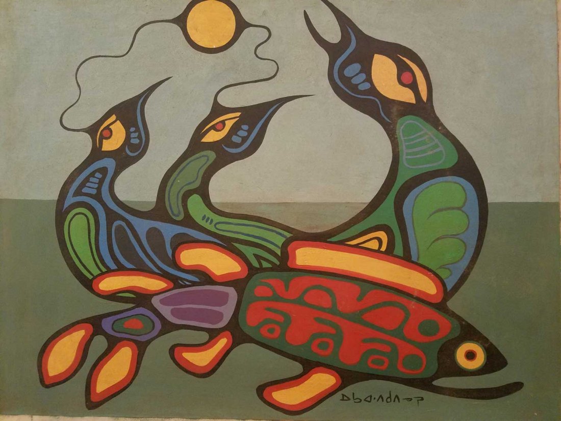 Norval Morrisseau-UNTITLED-Acrylic on Canvas: Norval Morrisseau-UNTITLED-Acrylic on CanvasAcrylic and Oil on canvas-signed lower right,signed in marker verso,measures 24x32 inchesPrivate collection,Canada,Provenance:Gallery Stamped Verso,for the 