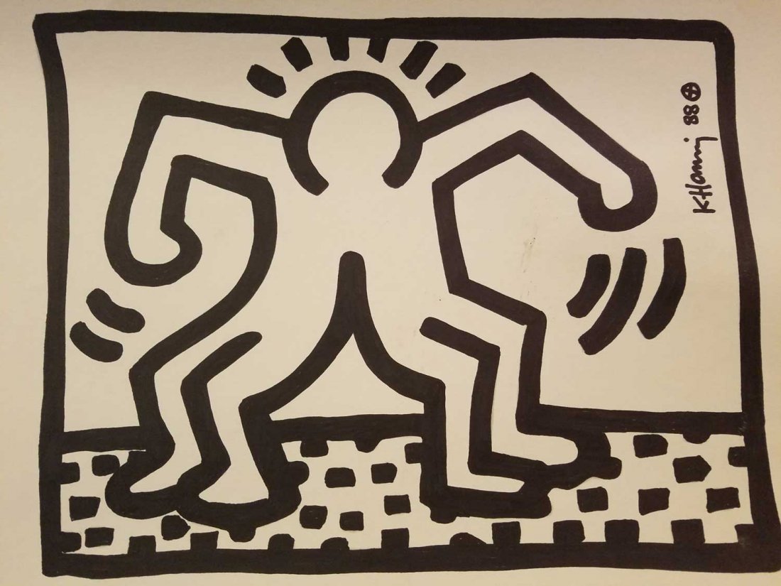 KEITH HARING ORIGINAL SIGNED DRAWING-COA-TONY SHAFRAZI: An original drawing GOUACHE PAAINTING by keith haring signed front right size is 11x16 inches,Provenance:Tony Shafrazi's gallery label verso,KEITH HARING ESTATE STAMED AND SIGNED BY ESTATE EXECUTOR.