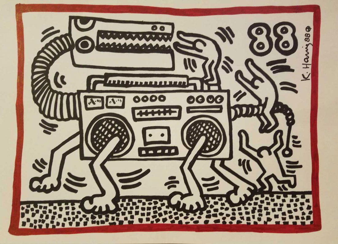 KEITH HARING ORIGINAL SIGNED DRAWING- ESTATE COA: An original drawing GOUACHE?INK PAINTING by keith haring signed front right size is 11x16 inches,Provenance:KEITH HARING ESTATE STAMED AND SIGNED BY ESTATE EXECUTOR.