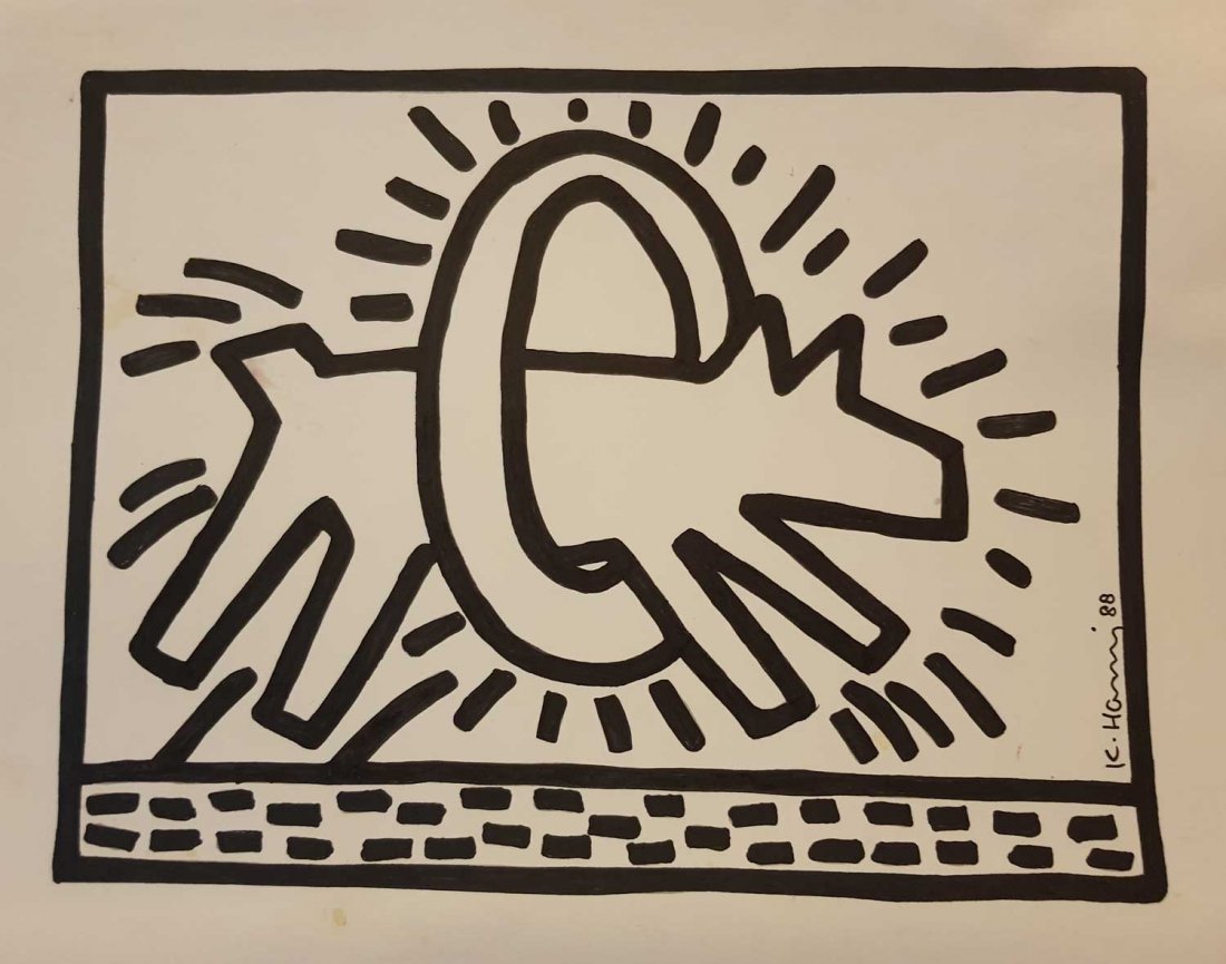 KEITH HARING ORIGINAL SIGNED DRAWING-COA-TONY SHAFRAZI: An original drawing INK PAAINTING by keith haring signed front right size is 11x16 inches,Provenance:Tony Shafrazi\'s gallery label verso,KEITH HARING ESTATE STAMED AND SIGNED BY ESTATE EXECUTOR.