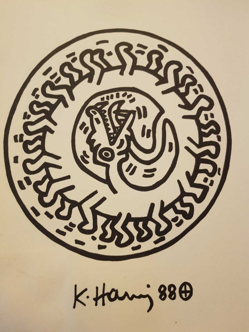 KEITH HARING ORIGINAL SIGNED DRAWING-COA-TONY SHAFRAZI: An original INK drawing PAAINTING by keith haring signed front right size is 11x16 inches,Provenance:Tony Shafrazi's gallery label verso,KEITH HARING ESTATE STAMED AND SIGNED BY ESTATE EXECUTOR.To see