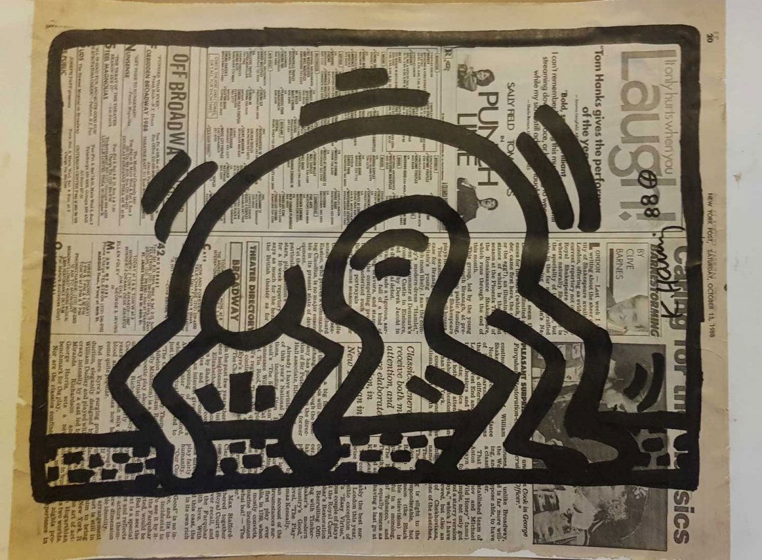 KEITH HARING ORIGINAL SIGNED DRAWING ON 1988 NEWS PAPER (1 of 5)