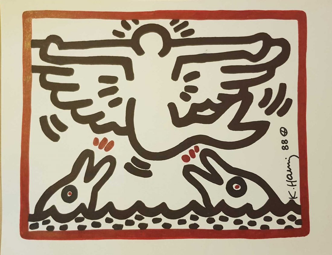 KEITH HARING INK DRAWING: Ink on card stock,featuring 2 whale fish and a angel Fish,"KEITH HARING ESTATE CERTIFICATE OF AUTHENTICATION [illegible] hereby certify [illegible] an original work of art by Keith Haring. Title "Unti