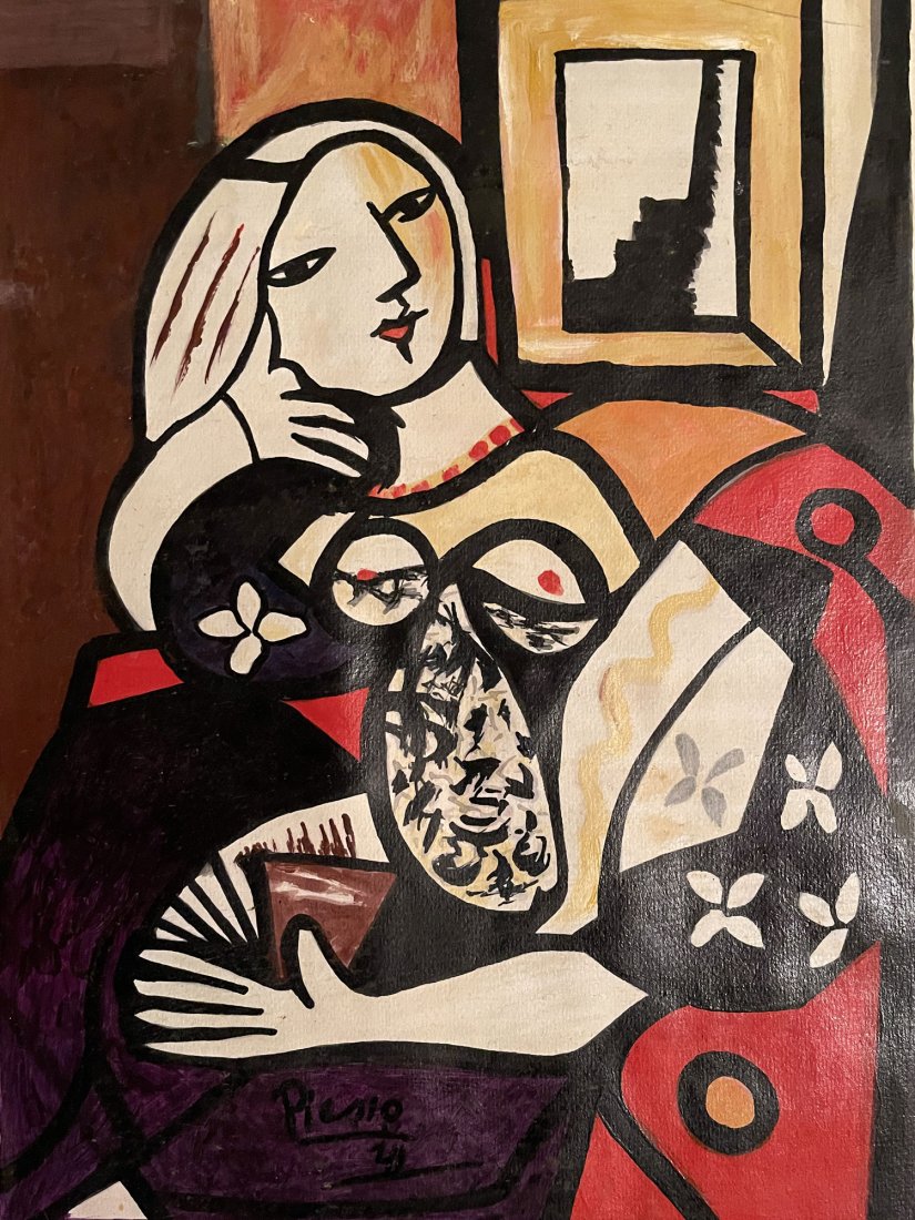 PABLO PICASSO Spanish 1881-1973 abstract Portrait: Artist:Pablo Picasso (Spanish, 1881-1973)Mixed Media on PaperSigned PICASSO-41 bottom MiddleSize:11.6 x 16.5 InchesPablo Picasso Stamped VersoYDE Collection 496826 StampedGalerie Louise Leiris Stamped