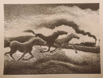 THOMAS HART BENTON RUNNING HORSES LITHOGRAPH SIGNED: THOMAS HART BENTON RUNNING HORSESLithograph, 1955image: 318 by 419 mm 12&frac12; by 16&frac12; insheet: 389 by 448 mm 15&frac14; by 17â… inSigned in PencilProvenance: Associated American Artists la