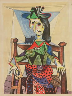 PABLO PICASSO GOUACHE ON PAPER-SIGNED: PABLO PICASSO GOUACHE ON PAPER-SIGNEDDescription:'PABLO PICASSO Gouache on Paper.Attributed, Signed: Picasso 40, front left bottom,Canvas size: 11 x 16 inch. Provenance: Kootz Gallery Label,Christies