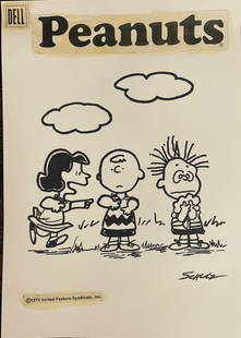 1975 Charles Schulz drawing -Peanuts Cover: Description: Pen and ink on Card stock Signed 'Schulz' bottom right.Canvas size: 11.6" X 16.5"aprox Provenance: LOVISCO GALLERY Label versoPrivate Collection NewyorkTHIS IS NOT A REPRODUCTION, OR