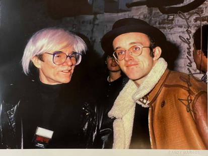 1981 ANDY WARHOL KEITH HARING COLOR PHOTOGRAPH: ANDY WARHOL KEITH HARING COLOR PHOTOGRAPHSIGNED/AUTOGRAPH:Andy warhol front Right8"x10" semi glossy papercopyright stmap rectoestate stamps versoEstate Executor signed COA Verso