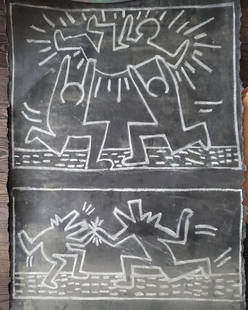 Keith Haring Original subway Chalk Drawing COA: This is an original subway chalk drawing by Keith haring, size of the art is 24 X 27 inches Aprox, on Black card stock, signed middle bottom,The drawing is accompanied by COA issued by the estate of