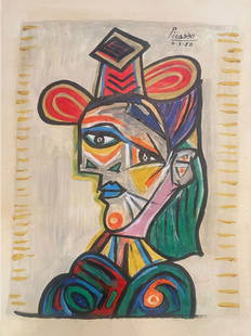 PABLO PICASSO GOUCHE ON PAPER-SIGNED: Description:'PABLO PICASSO Gouche on Paper.Attributed, Signed: Picasso 50, front Right top,Canvas size: 11 x 16 inch. Provenance: Kootz Gallery Label,Christies Stamp,Picasso Stamp,Marina Picasso Stamp