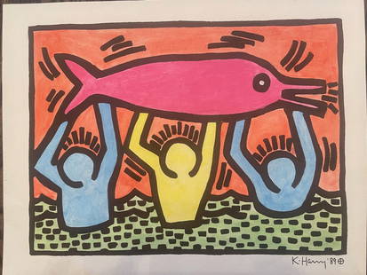 KEITH HARING MIXED MEDIA SIGNED DRAWING-COA: An original drawing PAINTING by keith haring signed front right size is 9 1/2 x13 1/2 inches,KEITH HARING ESTATE COA STAMPED AND SIGNED BY ESTATE EXECUTOR,Tony Shafrazi's gallery label verso, and