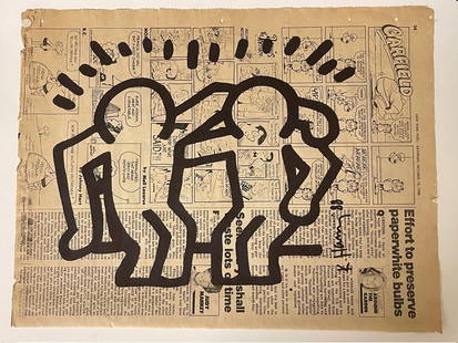 KEITH HARING MARKER DRAWING ON 1988 NEWSPAPER-COA: Description:Keith Haring Drawing (attributed)Medium: MARKER, Signed: Front right TopCanvas size: 15 x 13 inch. Provenance: Estate Signed COA, ESTATE STAMPS.This is a No Reserve Auction with Low Starti