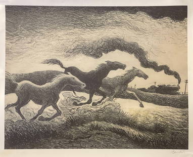 Thomas Hart Benton-Runing Horses-Signed lithograph: Thomas Hart Benton (1889-1975)Running Horses, 1955Lithograph on paper12-1/2 x 16-5/8 inches (31.8 x 42.2 cm) (image)Edition of 100Signed in pencil lower rightPublished by Associated American Artists,