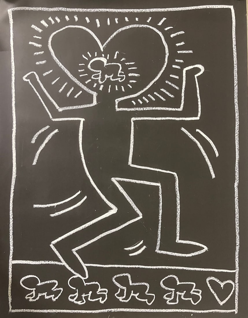Keith Haring Orignal Chalk Drawing Foudation Letter: Keith Haring Chalk Drawing on Black Paper, the size of the art is 40X30 inch, Signed Front,Tony shafrazi label verso Keith Foundation letter includedPainting will be shipped unframed in a roll.Conditi