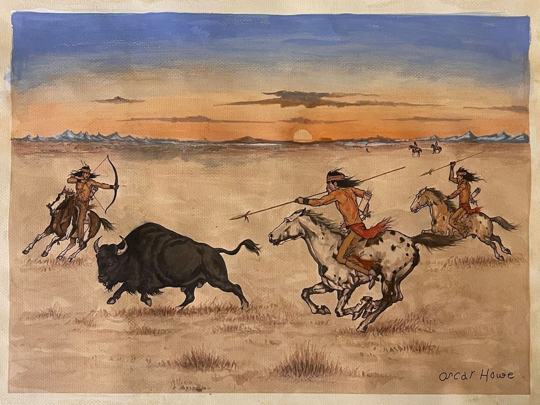 Oscar Howe (1915-1983) Gouache on paper: Artwork Details:Subject: HuntersMedium: Gouache on PaperStyle: RealismSignature: Signed lower right Condition: Good vintage condition consistent with ageFraming: UnframedSize: 16.5X11 InchesProvenance