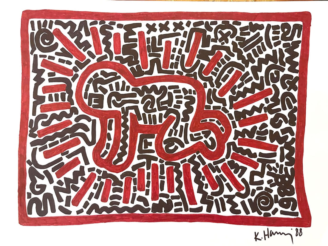 KEITH HARING orignal Marker-Ink DRAWING-COA: Description:Original Keith Haring DrawingMedium: Marker-Ink Signed: Front right TopCanvas size: 10 x 14 inch. Provenance: Estate Signed COA, Tony Shafrazi Gallery label versoCondition: Great Overall C