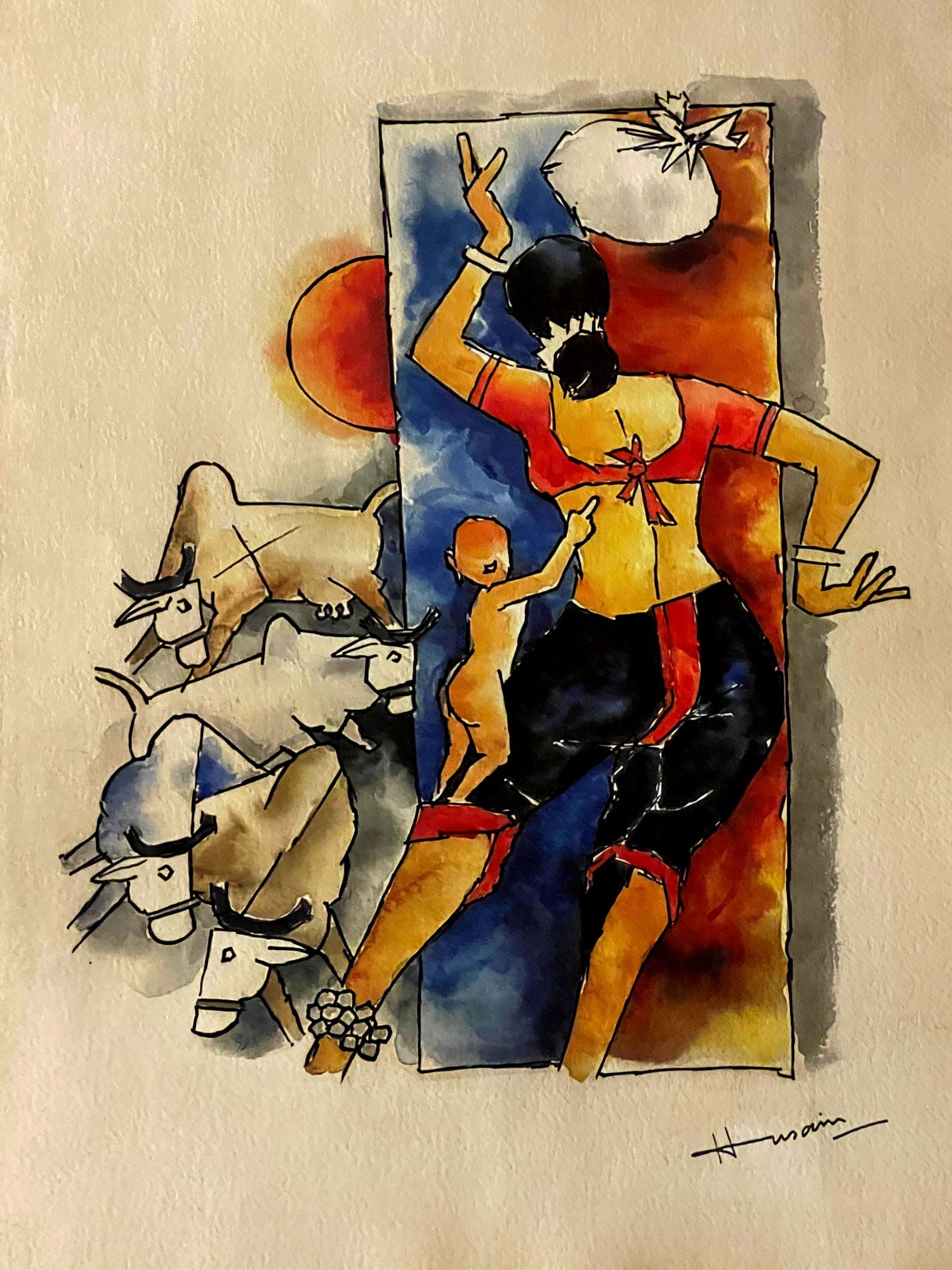 Maqbool Fida HUSAIN WATER COLOR ON PAPER COA: Description:M.F.HUSAIN (attributed )Medium: Watercolor/splash on Paper Signed: signed lower rightCanvas size: 11.5 x 16.5 inch. Provenance: exhibition stamp-Signed by the artist versoThis is a No Rese