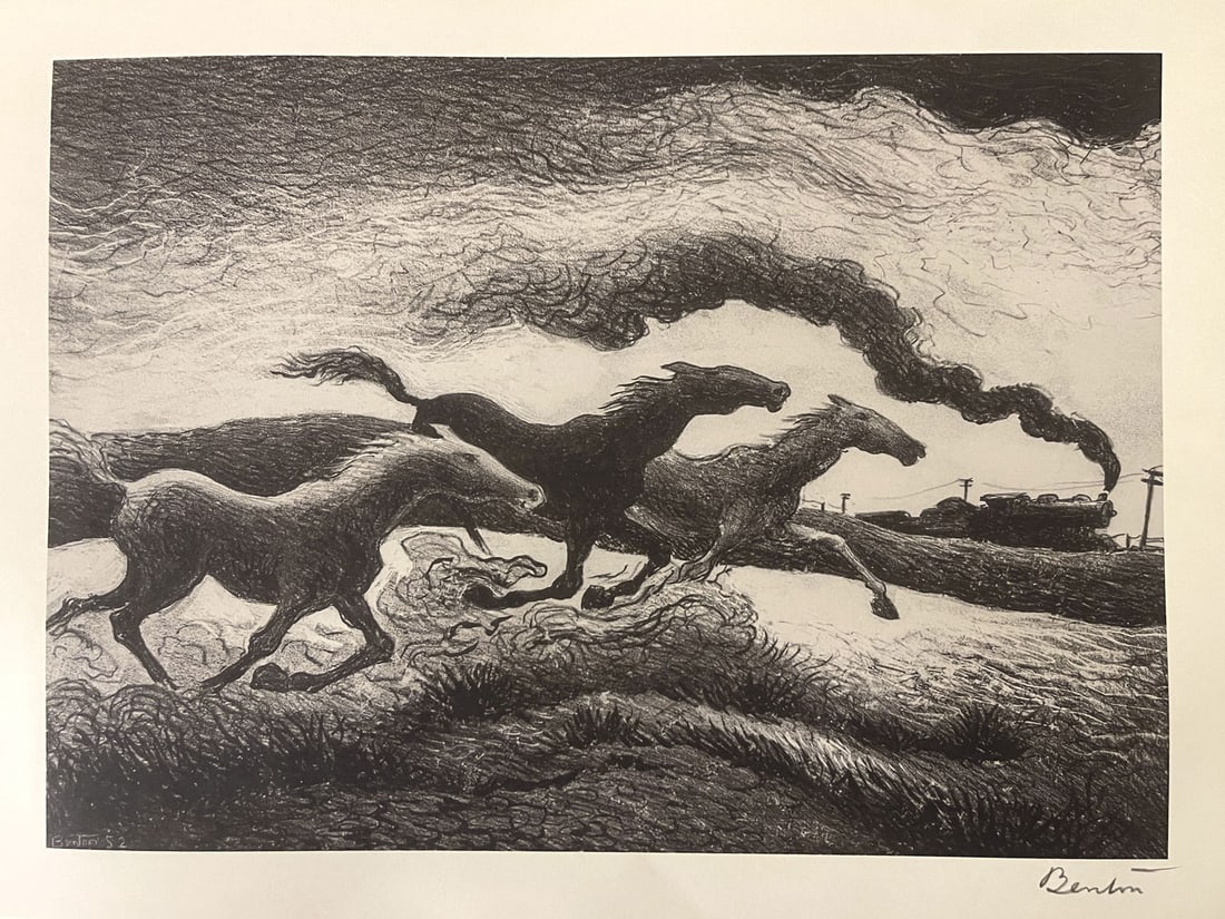 Thomas Hart Benton (1889-1975) Running Horses,Lithograph: Thomas Hart Benton (1889-1975)Running Horses, 1955Lithograph on paper12-1/2 x 16-5/8 inches (31.8 x 42.2 cm) (image)15-3/4 x 19 inches (40 x 48.3 cm) (sheet)Edition of 100Signed in pencil lower rightP