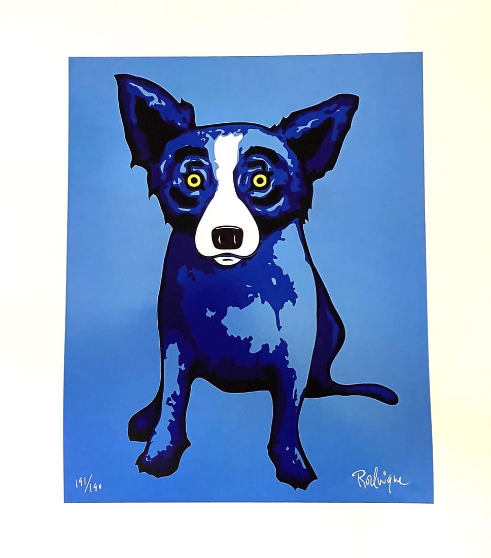 George Rodrigue "blue dog"screen print-serigraph: Description:George Rodrigue Blue DogMedium: offset Lithograph/ serigraph Signed: signed lower rightImage size: 26.5 X 22 Inches Provenance:LANG O HARA Gallery label versoThis is a No Reserve Auction w