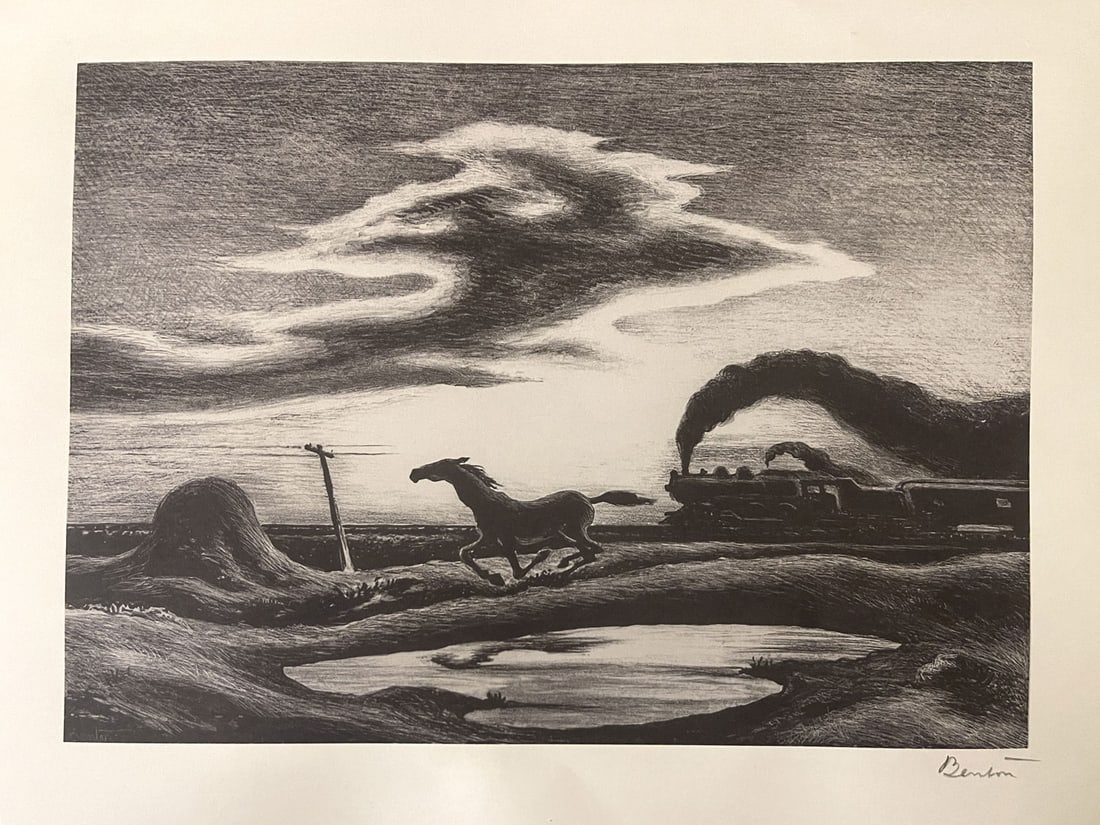1942 Thomas Hart Benton Lithograph-The Race: Description:Thomas Hart BentonMedium: Lithograph on Paper Signed: signed lower rightCanvas size: 8 15/16 X 13 3/16 Provenance: Associate American Artist label versoThis is a No Reserve Auction with Lo