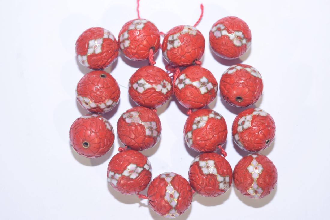 Set of 16 Chinese Cinnabar Carved Cloisonne Beads (1 of 2)