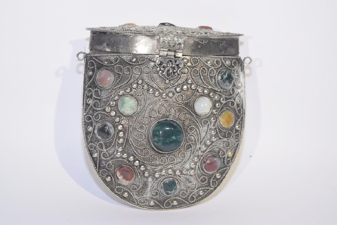 Silver with Precious Stone Inlaid Pouch: Silver with precious stone inlaid pouch. 4.25in by 4.75in. Age wear.