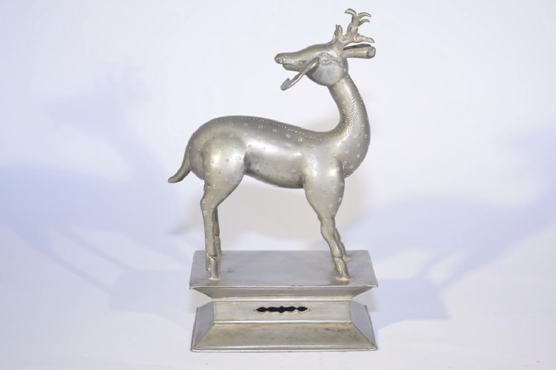 Chinese Pewter Deer Incense Burner: Chinese pewter deer incense burner. 8.5in. Small repair.