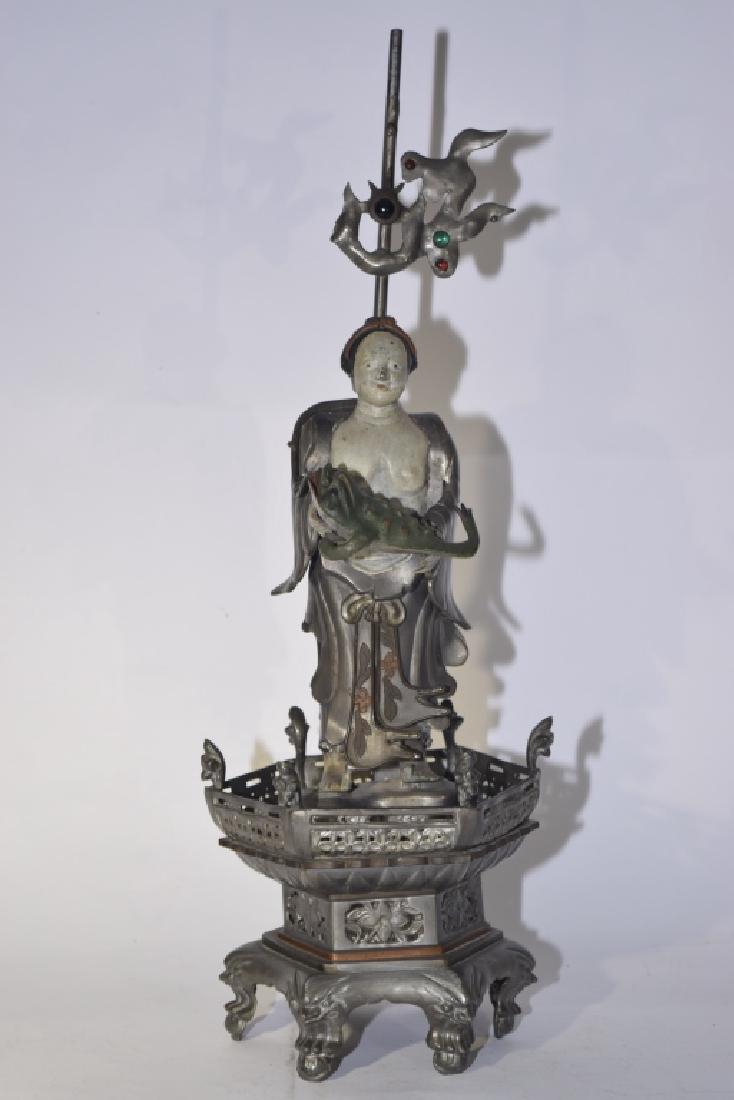 Chinese Pewter Soapstone Liuhai: Chinese pewter soapstone Liuhai. 20.5in. Age wear.