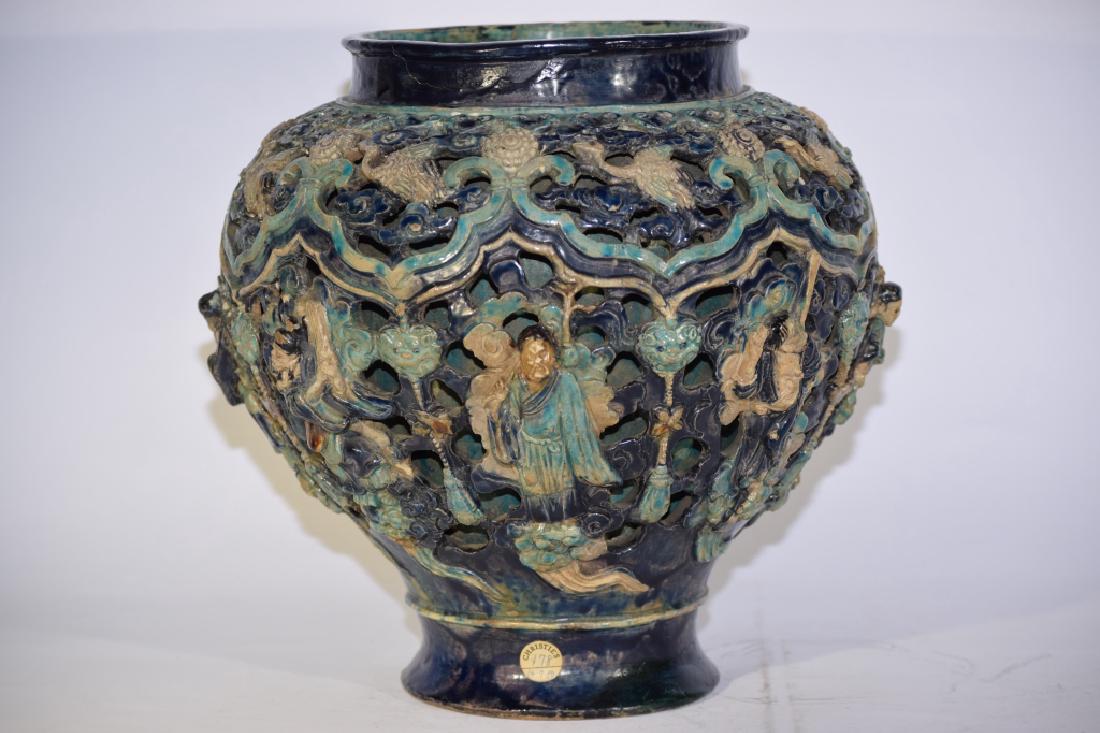 Large Ming Chinese FaHua Glaze Carved Figures Jar (1 of 15)