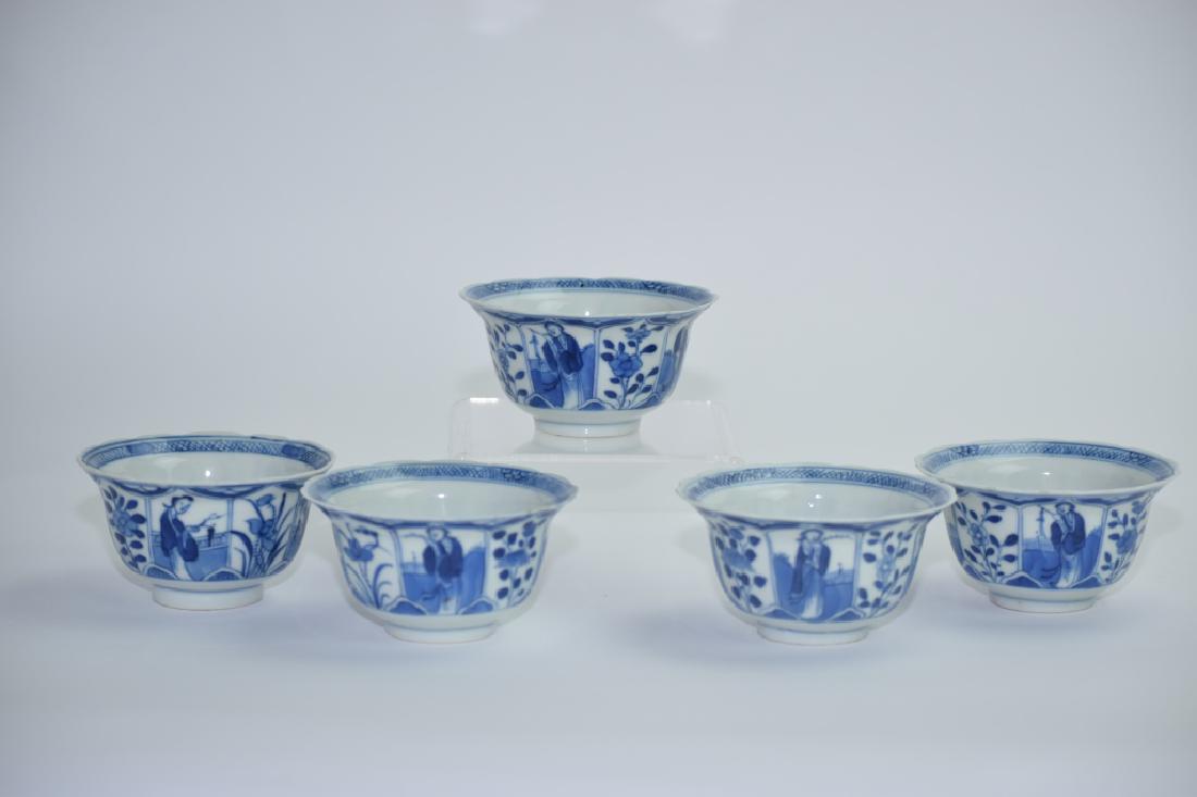 Set of 5 Kangxi Chinese Blue and White Tea Cups: Set of 5 Kangxi Chinese blue and white tea cups. 3.5in. Chips and hairlines.