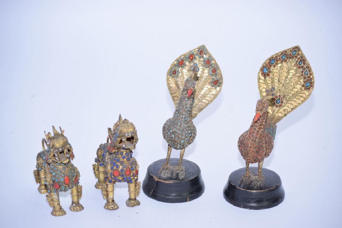 Tibetan Silver with Coral/Turquoise Inlaid Animals: Tibetan silver with coral or turquoise inlaid animals. One missing hoof.