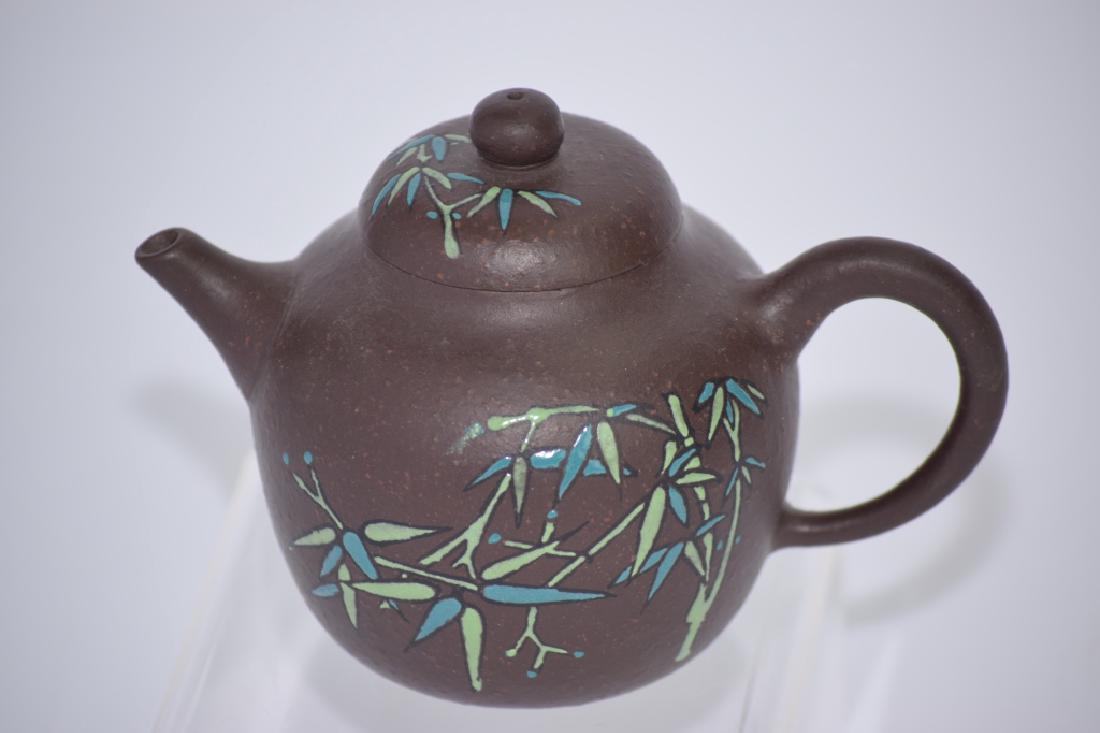 Qing Chinese Enameled YiXing ZiSha Teapot: Qing Chinese enameled yixing zhisha teapot. 5.5in. Age wear.