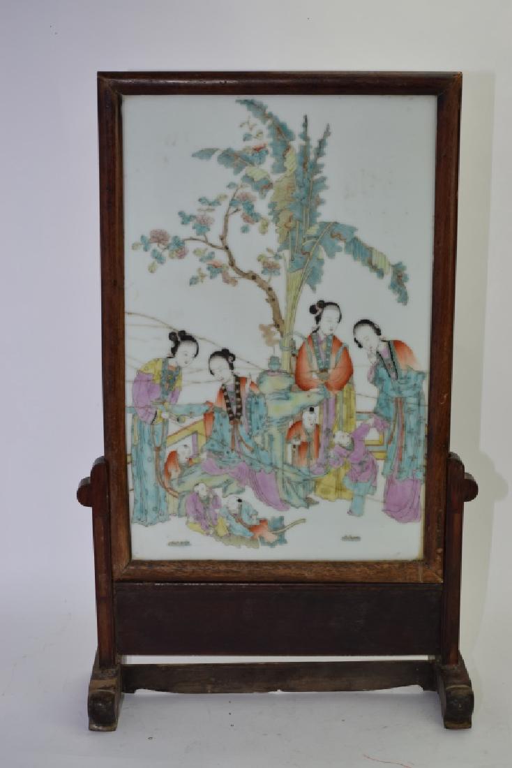 Republic Chinese Famille Rose Plaque Table Screen: Republic Chinese famille rose plaque table screen.16in by 26in. Large cracks across.