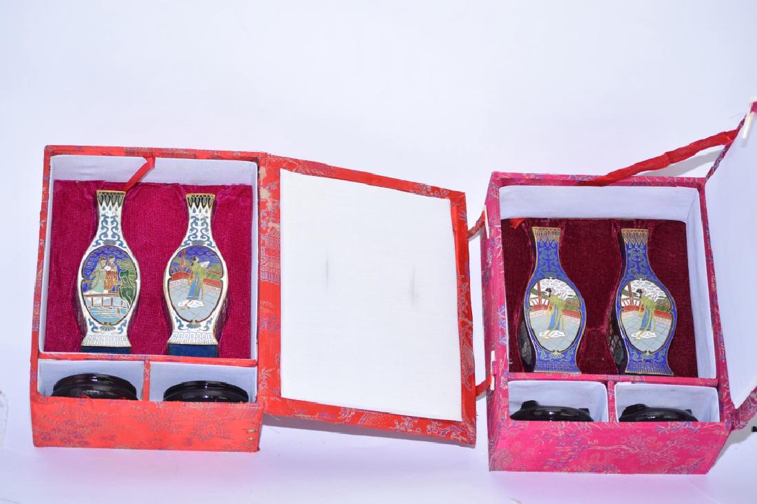 Two Sets of Chinese Coisonne Vases with Stands: Two Sets of Chinese cloisonne vases with stands. Age wear.